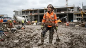 A worker navigating muddy ground on a construction site in durable men's rain boots under $60 CAD.