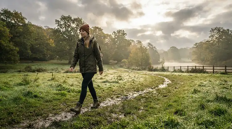 A dog owner walking a pet through wet grass wearing comfortable men's rain boots under $60 CAD.