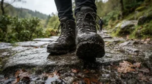 A detailed view of waterproof outsole materials on men's rain boots under $60 CAD standing on wet rocks.