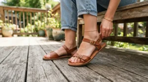 A close-up of a person checking fit and sizing for men's rain boots under $60 CAD on a wooden porch.