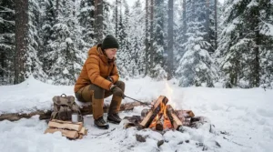 Stoking a winter campfire in the woods wearing -40°C rated winter boots.