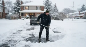 Clearing heavy snow from a driveway while wearing -40°C rated winter boots.