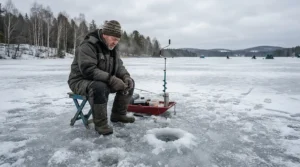 An ice fisher sitting on a frozen lake wearing -40°C rated winter boots.