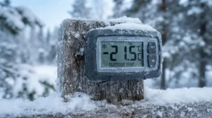Close-up of a digital thermometer showing deep freeze temperatures beside -40°C rated winter boots.