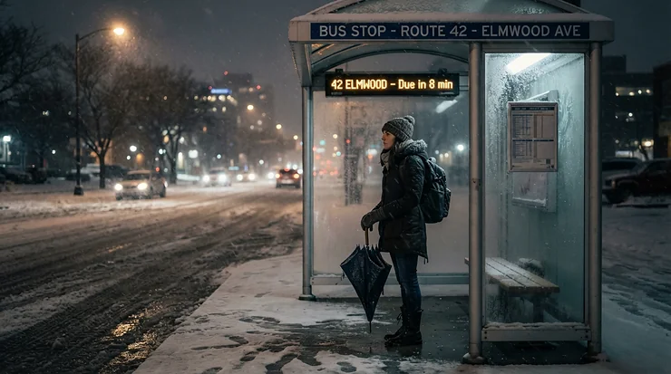 Waiting at a snowy city bus stop in -40°C rated winter boots.