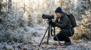 Setting up a tripod in deep snow wearing -40°C rated winter boots for wildlife photography.