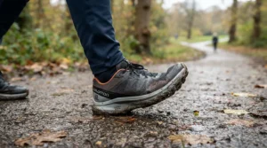 Flexible natural rubber rain boots being tested for durability and comfort during a rainy walk.