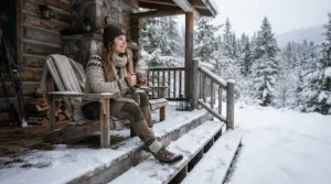 Person relaxing on a rustic cabin porch at dusk wearing cozy pac boots for winter.