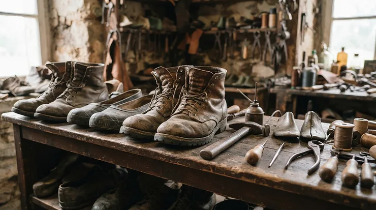 Vintage heritage display showcasing the evolution of classic pac boots for winter.