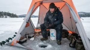 Angler sitting inside a frozen lake ice fishing shack wearing insulated pac boots for winter.