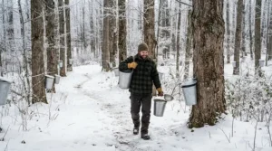 Collector gathering sap buckets in a snowy sugar bush wearing rugged pac boots for winter.