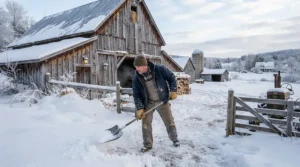 Farmer tending to livestock in sub-zero temperatures wearing heavy-duty pac boots for winter.