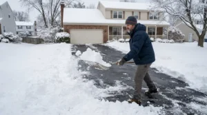 A Canadian clearing heavy snow from a driveway while wearing dependable pac boots for winter.
