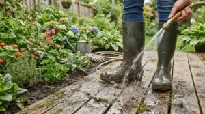 A pair of muddy rubber rain boots being cleaned with a garden hose on a wooden patio.