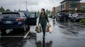 Stylish short rubber rain boots paired with casual jeans for quick everyday errands in wet weather.