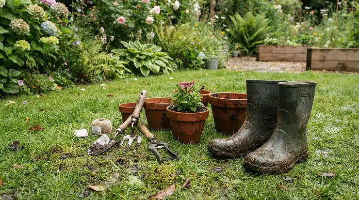 Tall rubber rain boots standing in damp soil while planting spring flowers in the garden.