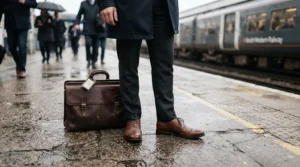 A commuter waiting for the subway wearing comfortable rubber rain boots on a rainy morning.