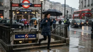 A commuter walking through city drizzle wearing durable rubber rain boots on a wet sidewalk in Canada.
