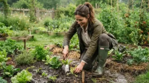 Planting spring vegetables in wet soil wearing comfortable tall rain boots under $80 CAD.