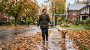 A rainy morning neighborhood dog walk featuring reliable tall rain boots under $80 CAD.
