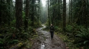 Hiking a muddy forest trail in Vancouver wearing affordable tall rain boots under $80 CAD.
