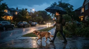 Walking the dog in a torrential downpour with tall rain boots under 80 CAD keeping feet dry.