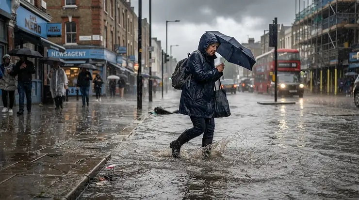 A commuter wading through street flooding wearing tall rain boots under $80 CAD during a heavy spring storm in Toronto.