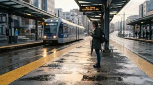 Navigating slushy transit platforms with tall waterproof rain boots under $80 CAD.