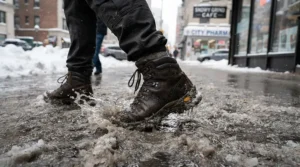 A commuter wearing waterproof winter boots for slush and snow while navigating a wet urban sidewalk during a morning snowfall.