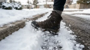 Heavy-duty waterproof winter boots for slush and snow stepping through a deep snowbank in a residential neighbourhood.