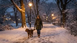 An evening walk under streetlights wearing insulated waterproof winter boots for slush and snow.