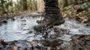 Stepping carefully in waterproof winter boots for slush and snow over a half-frozen puddle on a city street.
