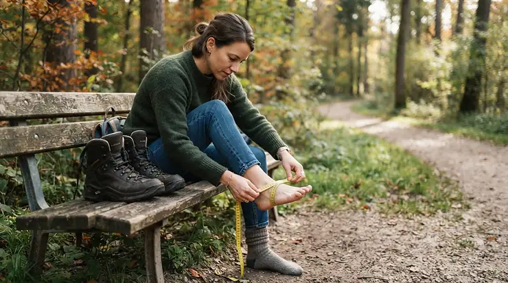 Checking a men's winter boot sizing chart next to a pair of waterproof winter boots for slush and snow on a wooden floor.