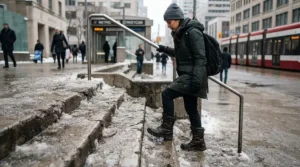 Close-up of men's insulated winter boots Canada styles, specifically waterproof winter boots for slush and snow on snowy transit stairs.