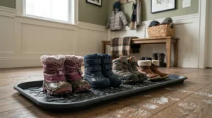 Row of winter boots for toddlers lined up neatly on a daycare mat in Calgary