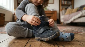 Toddler fastening the straps on their own winter boots for toddlers