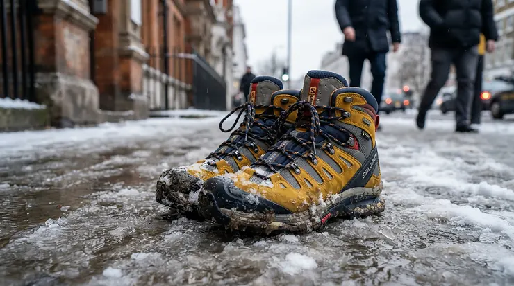 A pair of winter boots for toddlers standing on a snowy sidewalk in Toronto