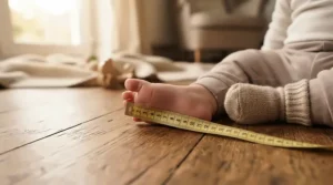 Parent measuring a child's foot beside a box of winter boots for toddlers