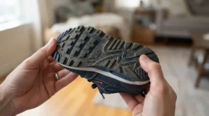 Inspecting the rubber soles of winter boots for toddlers for anti-slip traction